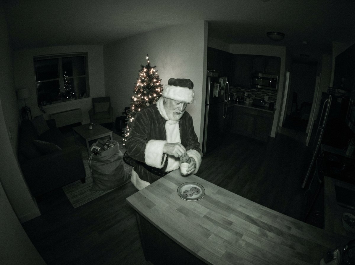 Santa caught on camera with the cookie plate, second take — night-vision security camera still with CAM 01 label and timestamp