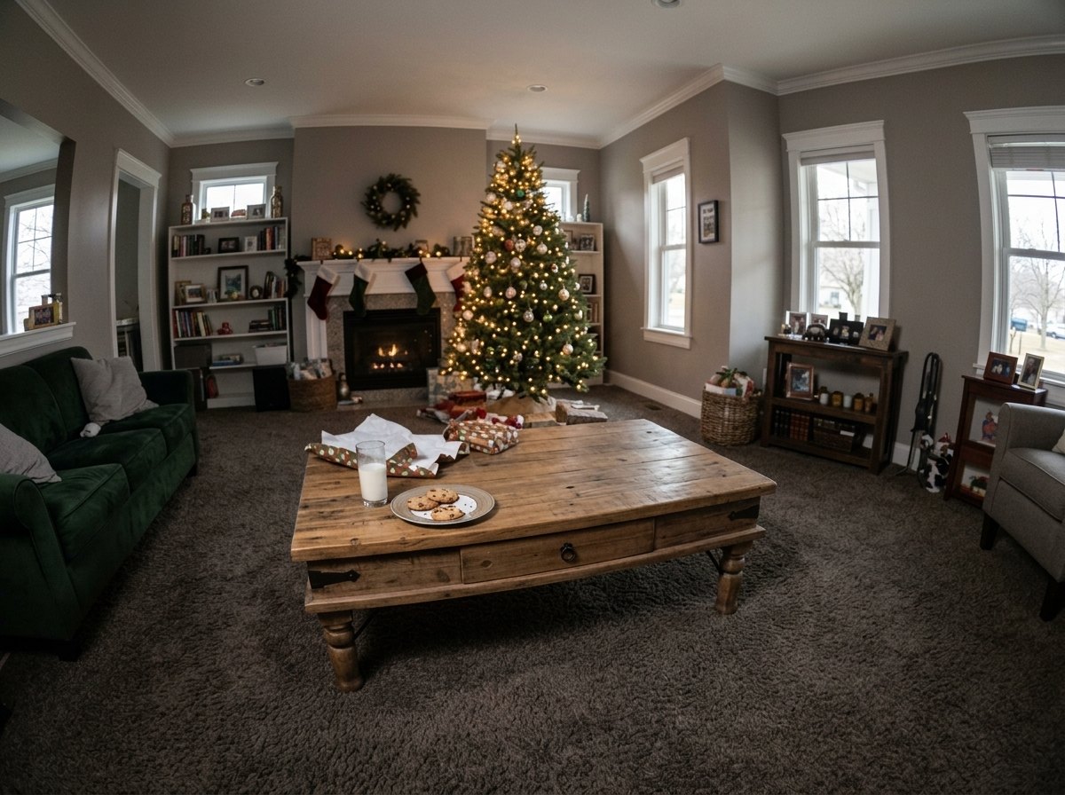 Daytime photo of a living room with a coffee table and fireplace before HoHoCam
