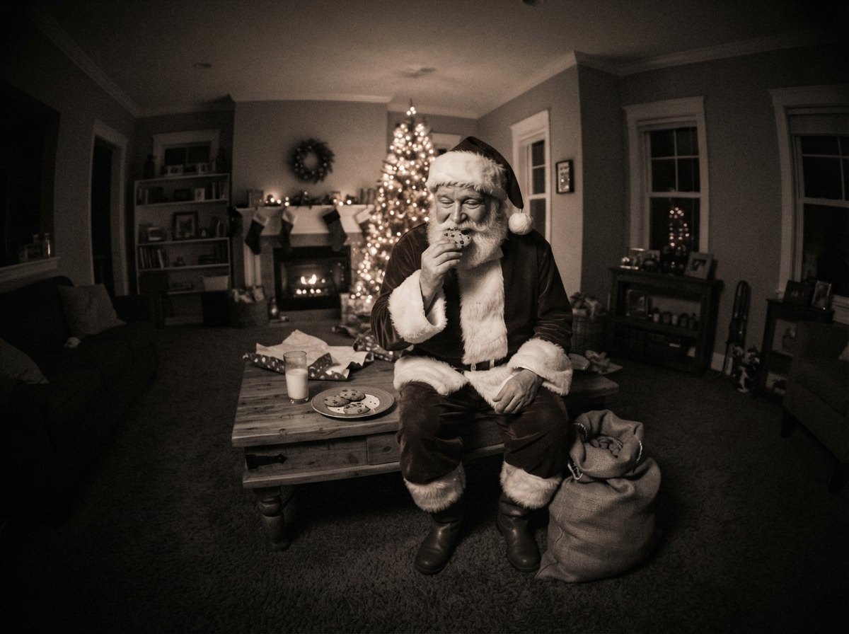 Santa caught on camera eating the milk and cookies left on the coffee table — night-vision security camera still with CAM 01 label and timestamp