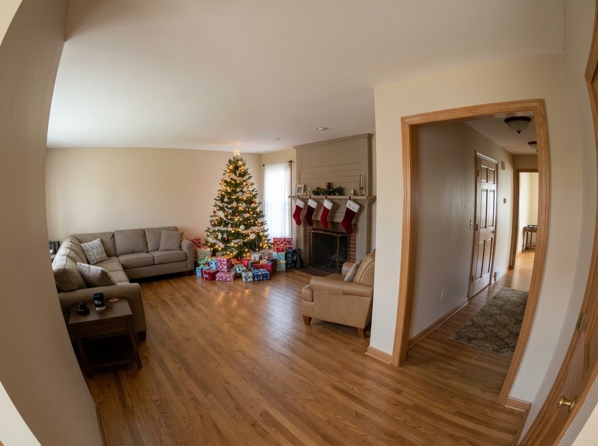 Daytime photo of a living room and hallway doorway before HoHoCam