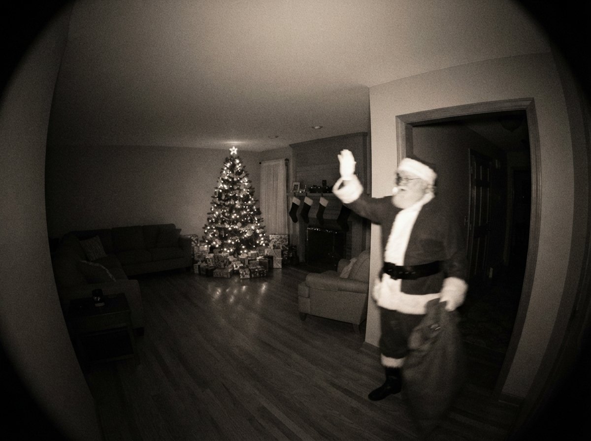 Santa caught on camera waving from the doorway on his way out, sack over his shoulder — night-vision security camera still with CAM 01 label and timestamp