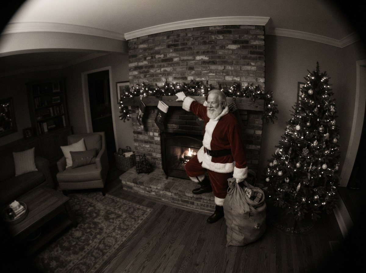 Santa caught on camera climbing out of the fireplace, second take — night-vision security camera still with CAM 01 label and timestamp