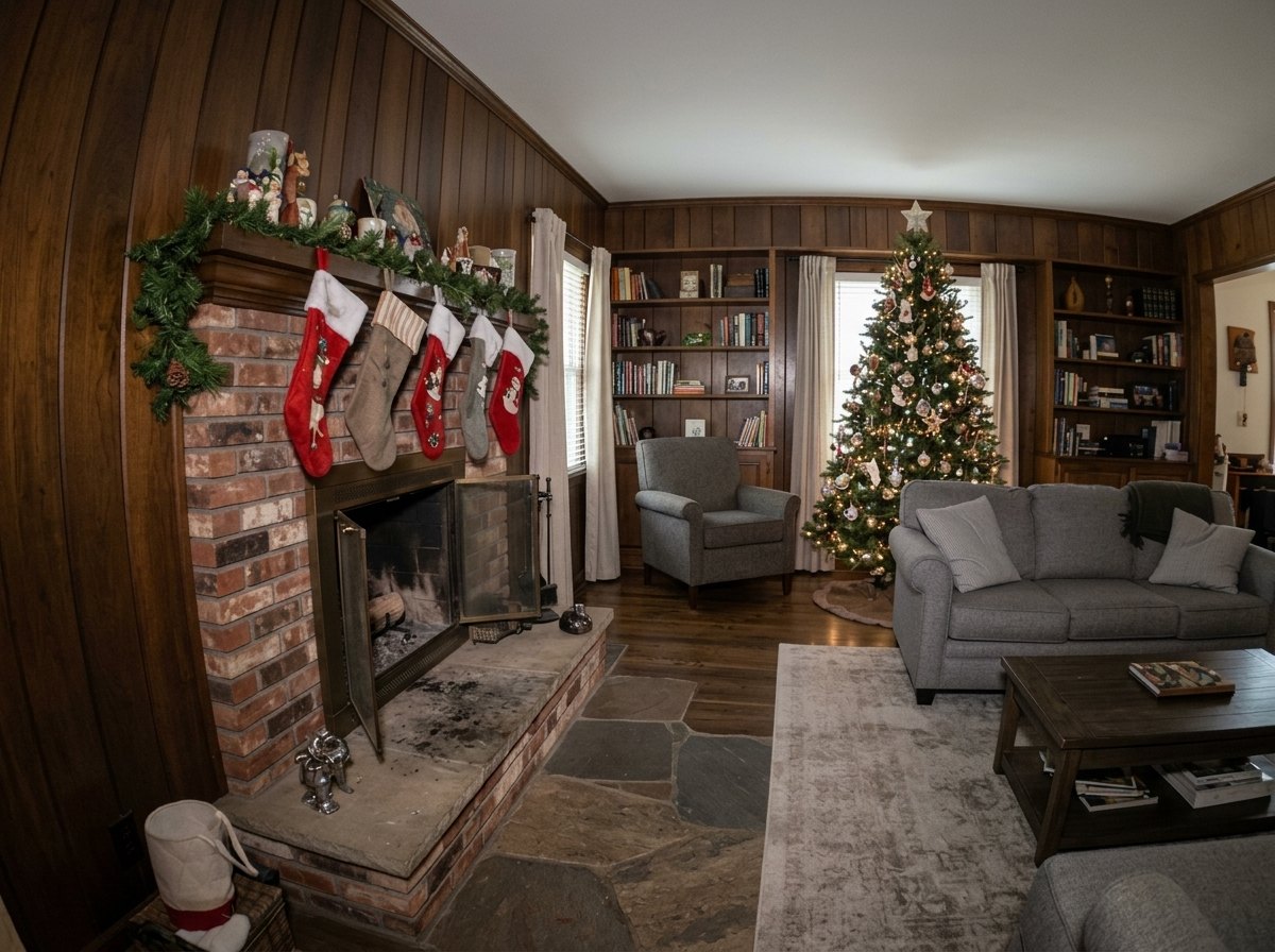 Daytime photo of a brick fireplace with stockings and a Christmas tree before HoHoCam