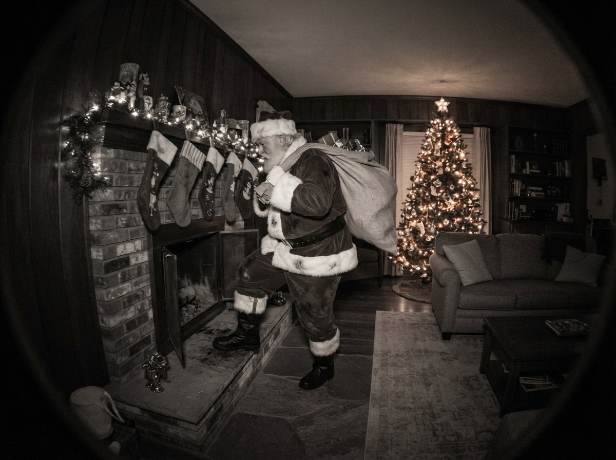 Santa caught on camera stepping out of a fireplace, night-vision security camera still shown in HoHoCam’s full-screen Show the kids mode