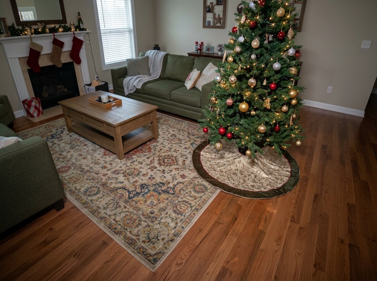 Daytime photo of a living room with presents under the Christmas tree before HoHoCam