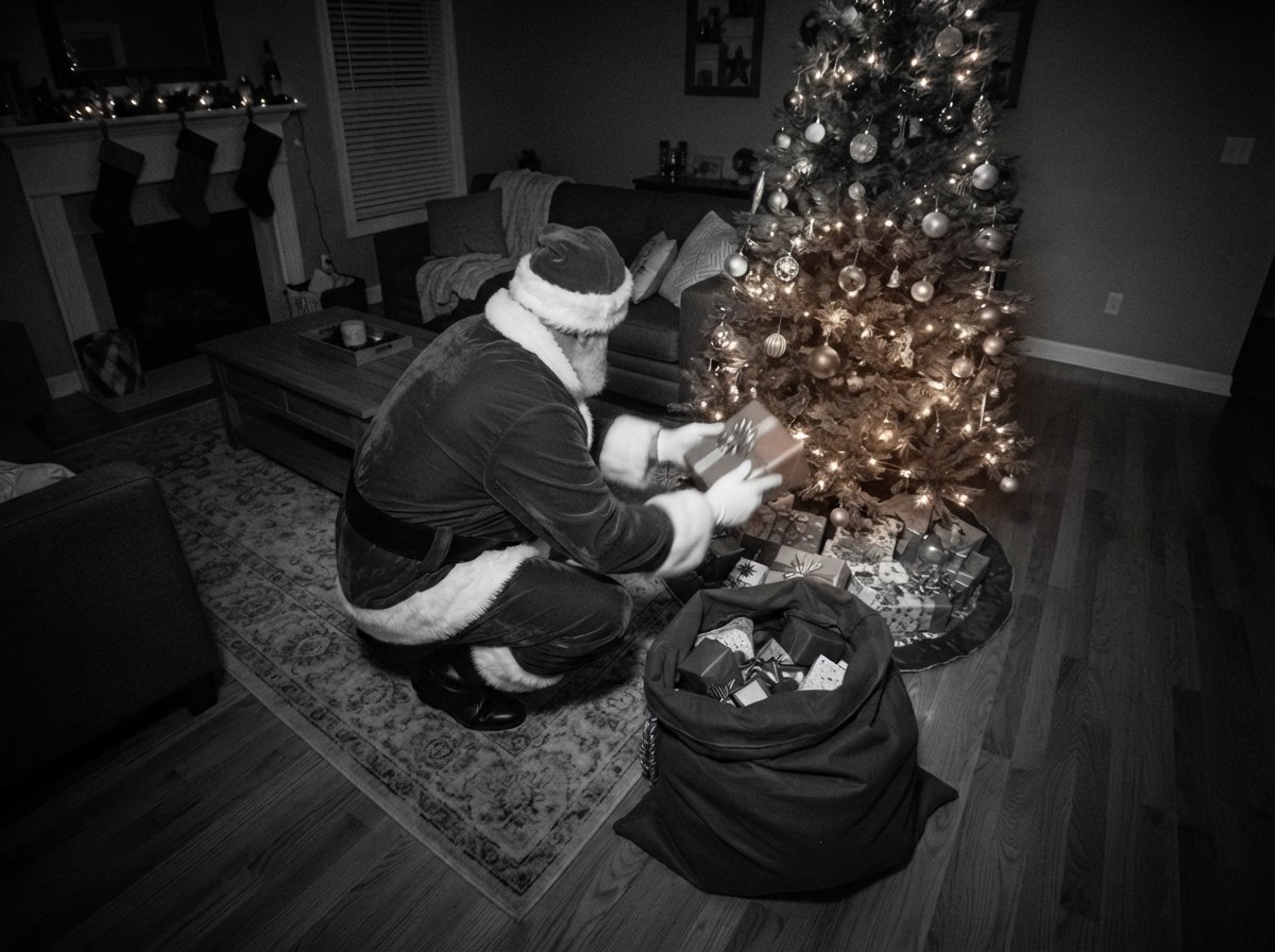 Santa caught on camera kneeling to place presents under the Christmas tree — night-vision security camera still with CAM 01 label and timestamp