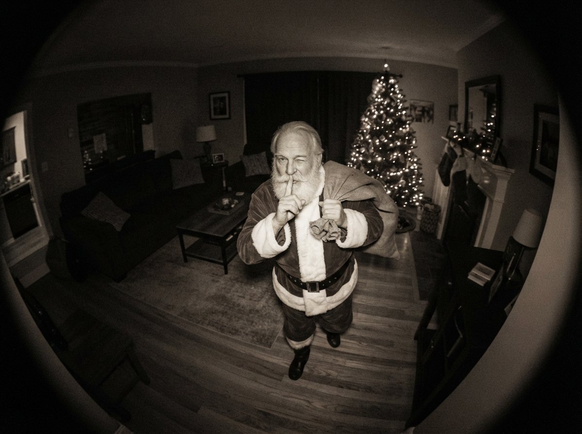 Santa caught on camera in a living room, second take of Santa noticing the camera — night-vision security camera still with CAM 01 label and timestamp