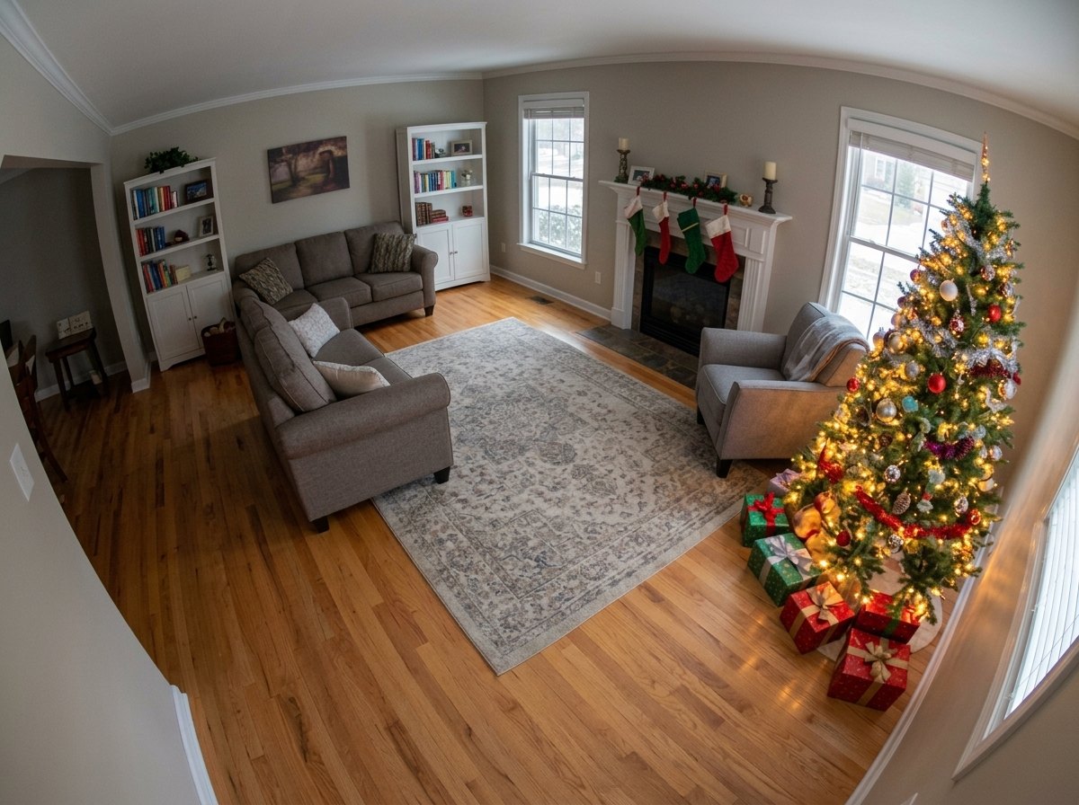 Daytime photo of an empty living room with a Christmas tree, taken with an iPhone before HoHoCam