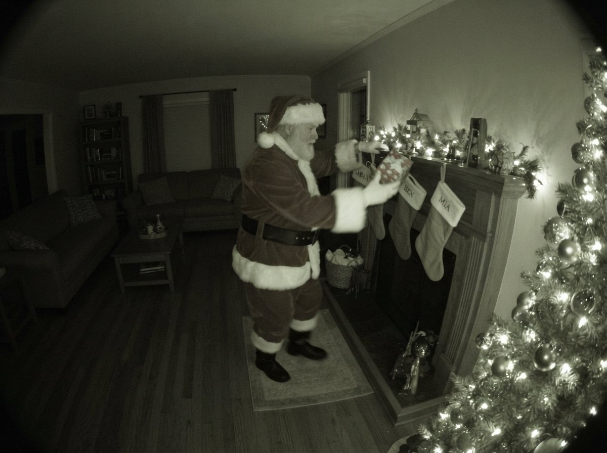 Santa caught on camera at the mantel with the stockings, second take — night-vision security camera still with CAM 01 label and timestamp