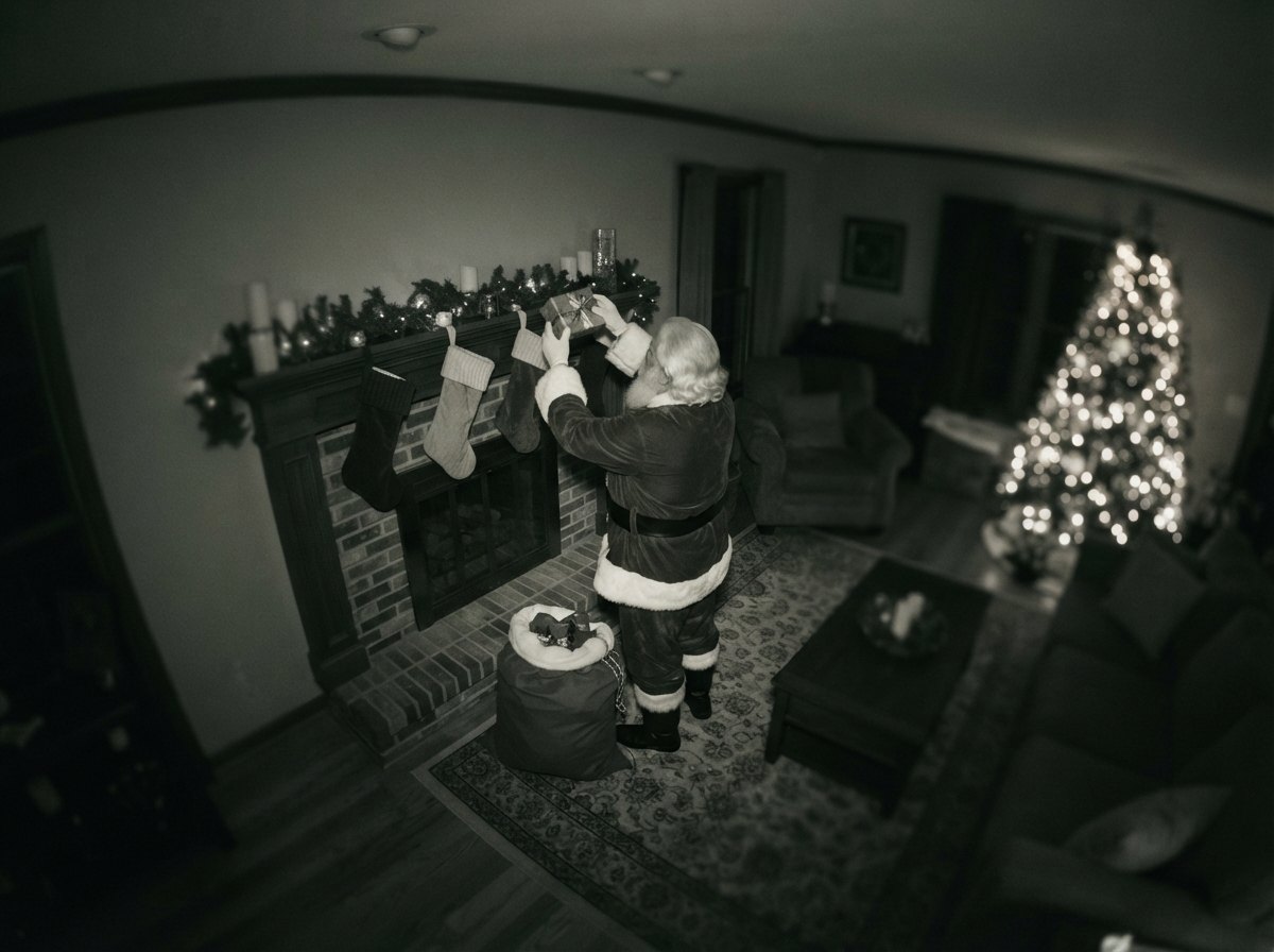 Santa caught on camera filling the stockings on the mantel — night-vision security camera still with CAM 01 label and timestamp