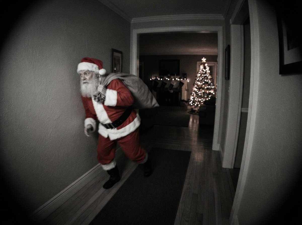 Santa caught on camera sneaking through the living room, second take — night-vision security camera still with CAM 01 label and timestamp