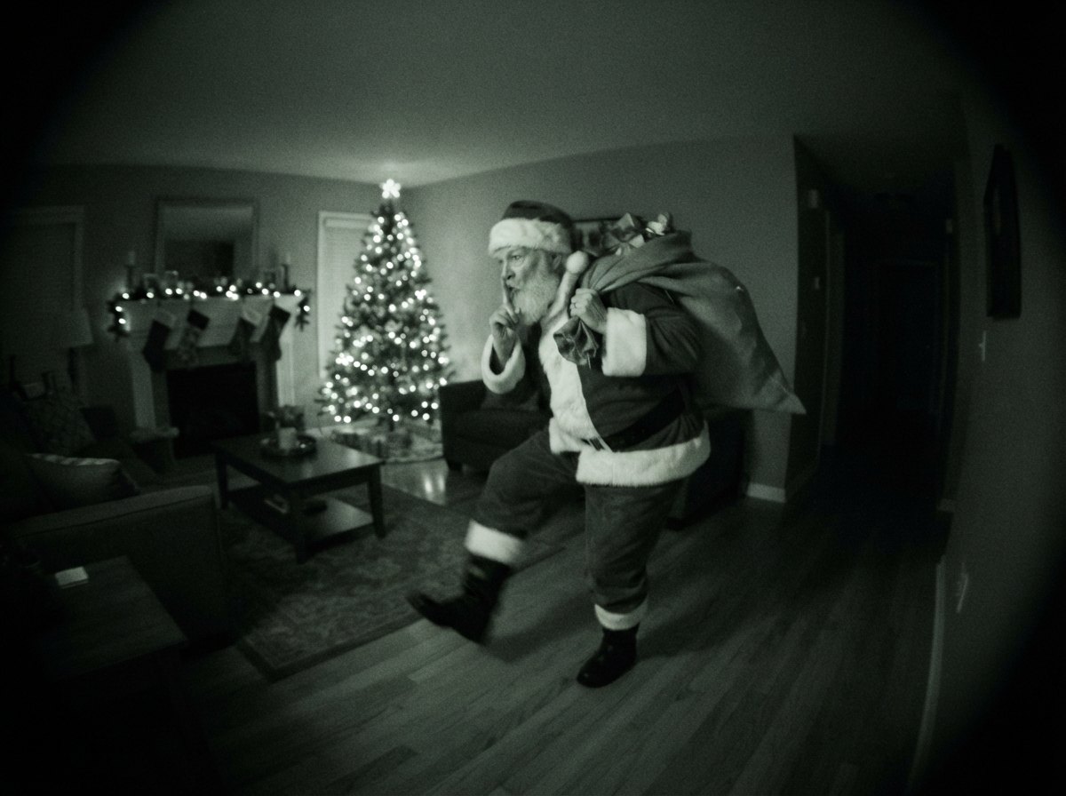 Santa caught on camera tiptoeing past the Christmas tree with a sack of presents — night-vision security camera still with CAM 01 label and timestamp