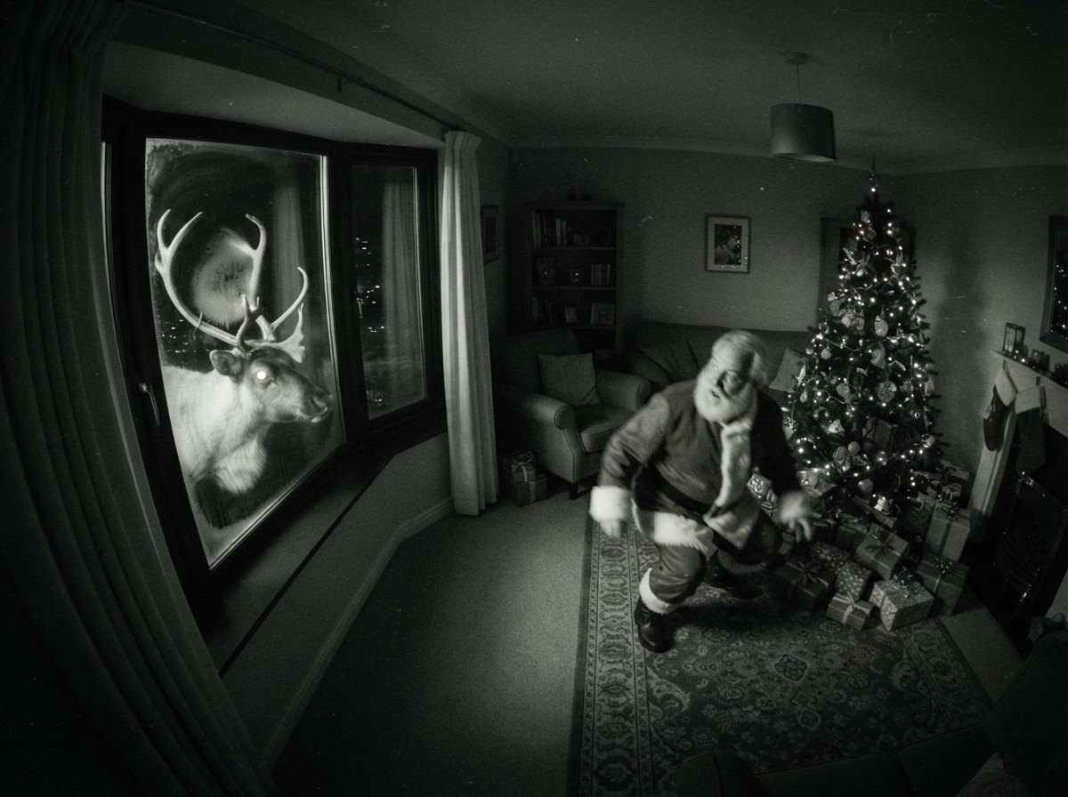 Santa caught on camera with a reindeer at the window, second take — night-vision security camera still with CAM 01 label and timestamp