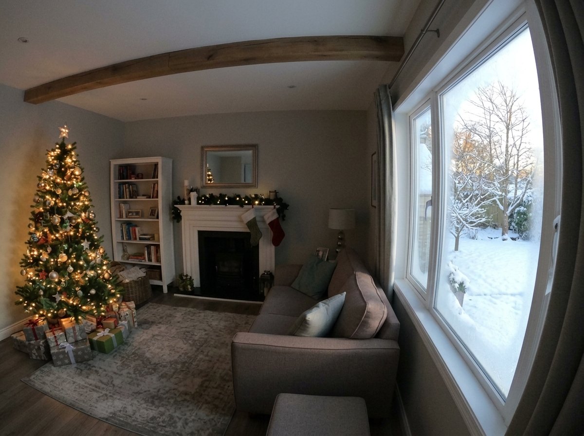Daytime photo of a living room with a large window and Christmas tree before HoHoCam