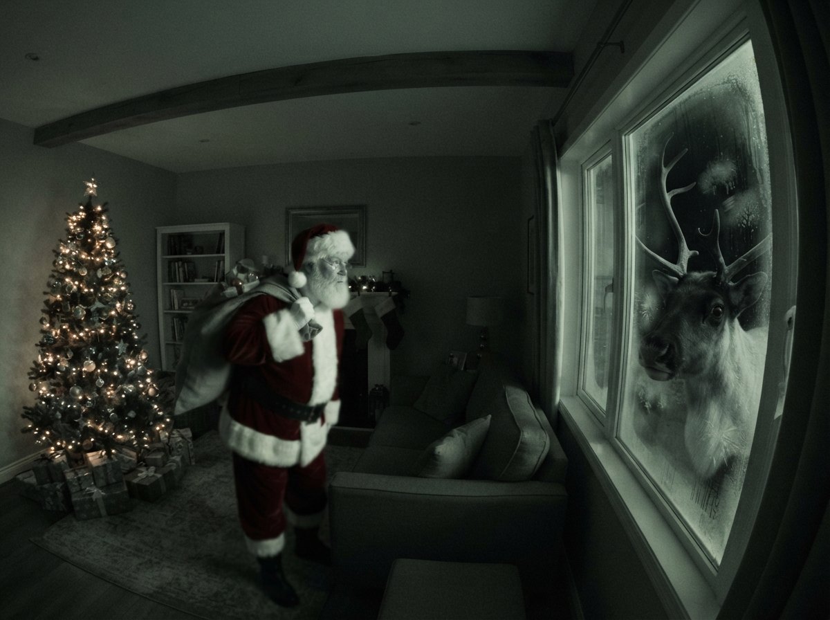 Santa caught on camera looking at a reindeer pressed against the living-room window — night-vision security camera still with CAM 01 label and timestamp